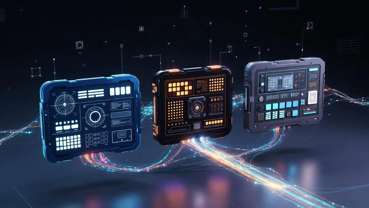 Trzy panele sterowania reprezentujące instrukcje systemowe dla ChatGPT, Claude i Gemini połączone strumieniami danych