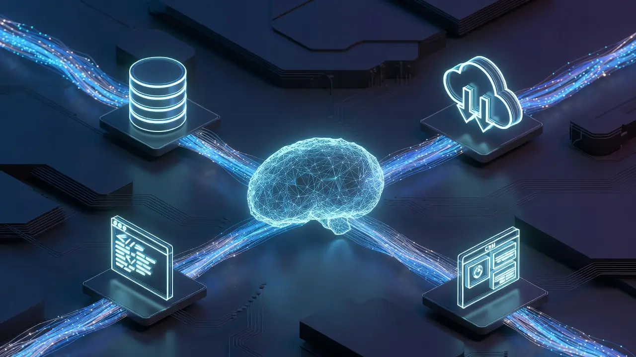 Schemat Function Calling — model AI połączony strumieniami danych z zewnętrznymi narzędziami i API