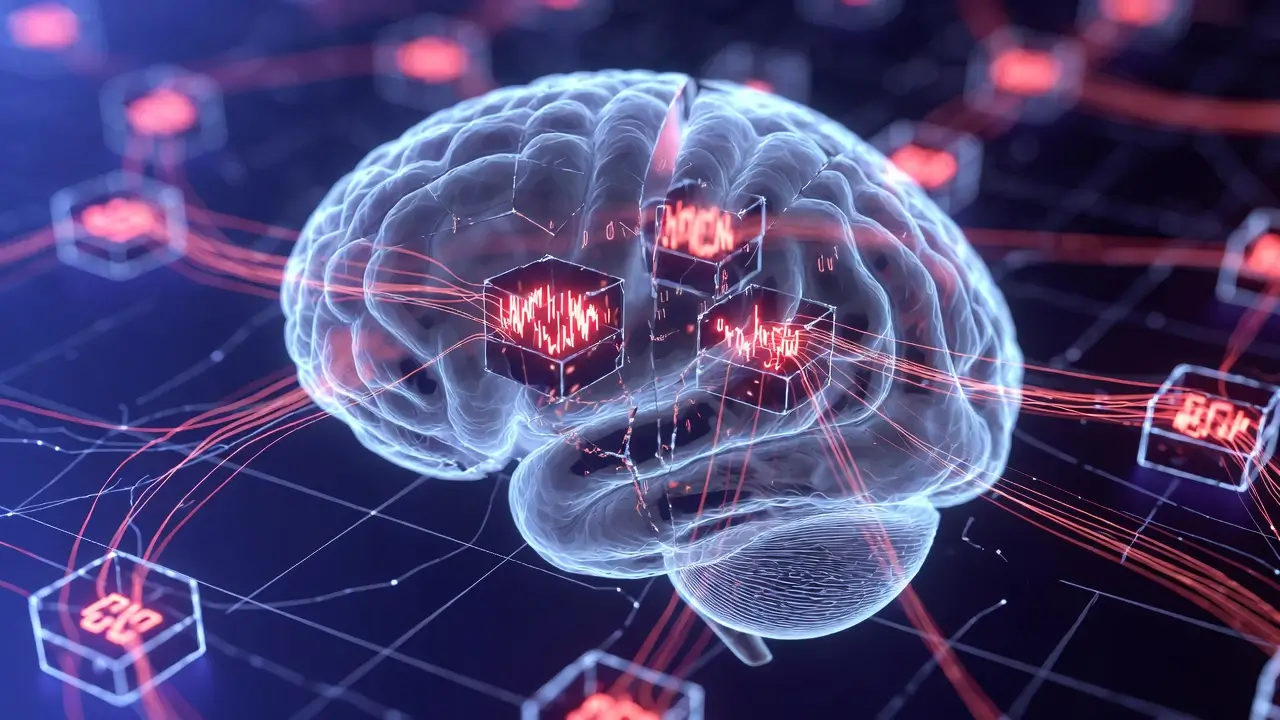 Sieć neuronowa z zaburzonymi węzłami danych — wizualizacja halucynacji w modelach językowych AI