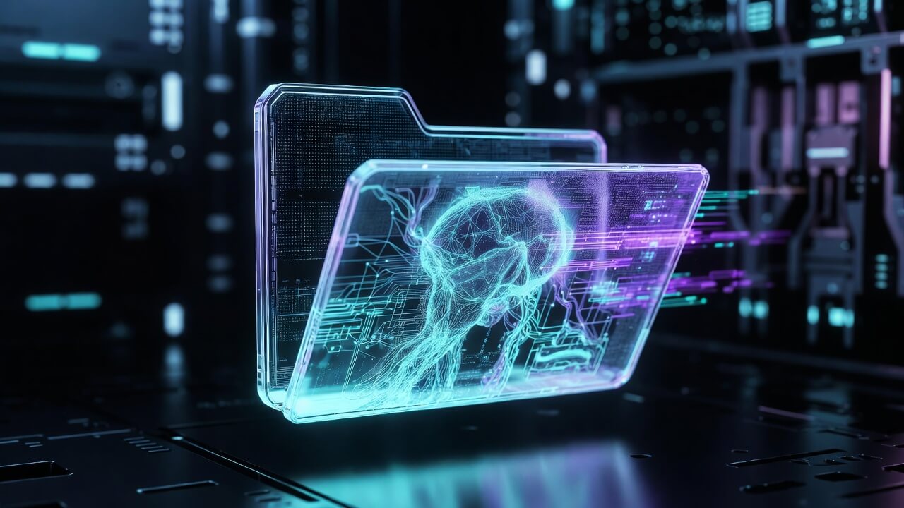 Nowoczesna wizualizacja struktury Skills dla Claude w formie świecącego folderu danych.