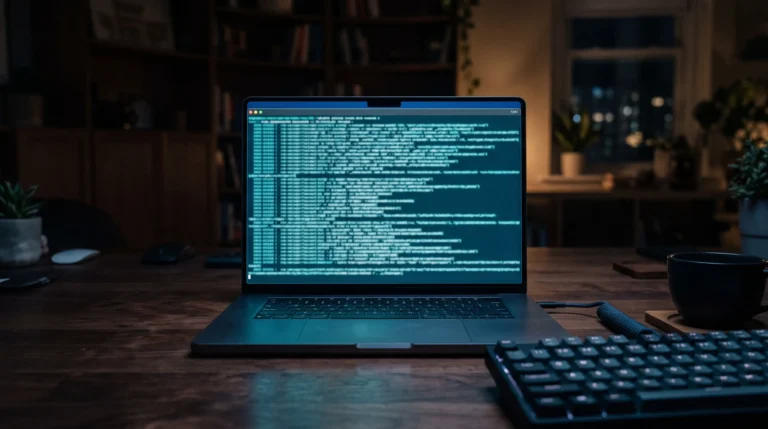 Laptop w ciemnym pokoju z otwartym terminalem i świecącymi liniami kodu