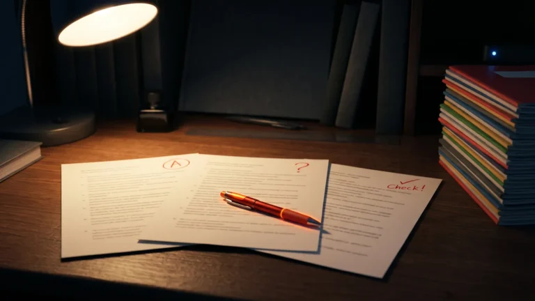 AI dla nauczycieli - trzy podobne karty pracy z różnymi oznaczeniami, czerwony długopis i stos zeszytów