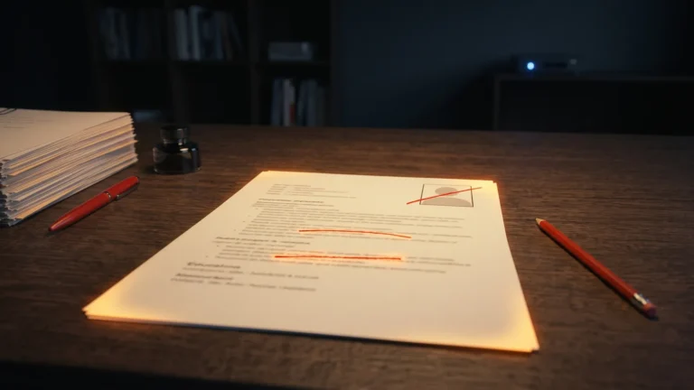 AI do CV - wydruk CV z przekreślonym zdjęciem i dwiema skreślonymi linijkami, obok czerwone ołówki