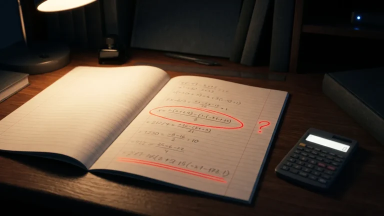 AI do matematyki - zeszyt z obliczeniami, jedna linijka zakreślona na czerwono ze znakiem zapytania, obok kalkulator