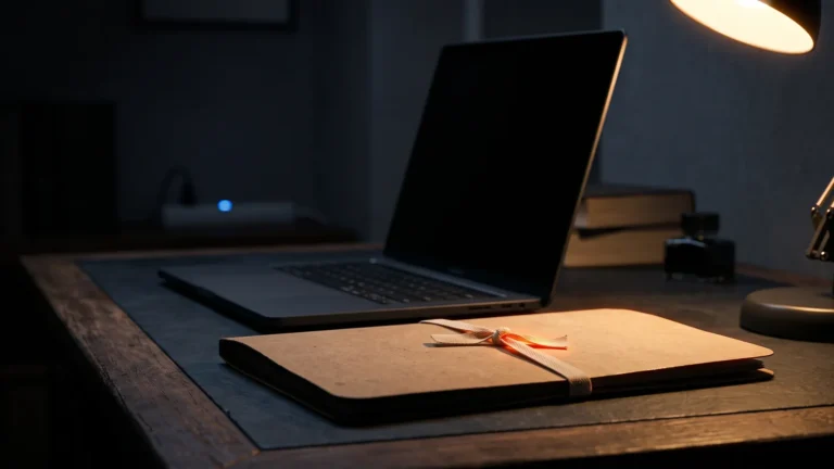 Czy ChatGPT jest bezpieczny - laptop odwrócony ekranem od widza i teczka przewiązana wstążką