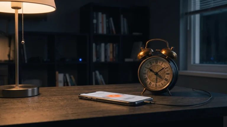 Gemini w telefonie - smartfon ze wskaźnikiem nasłuchiwania obok mechanicznego budzika na stoliku