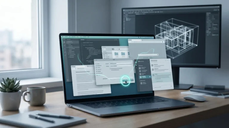 GPT-6 Astra computer use - okna aplikacji na laptopie ze świecącym kursorem i śladem kliknięć agenta