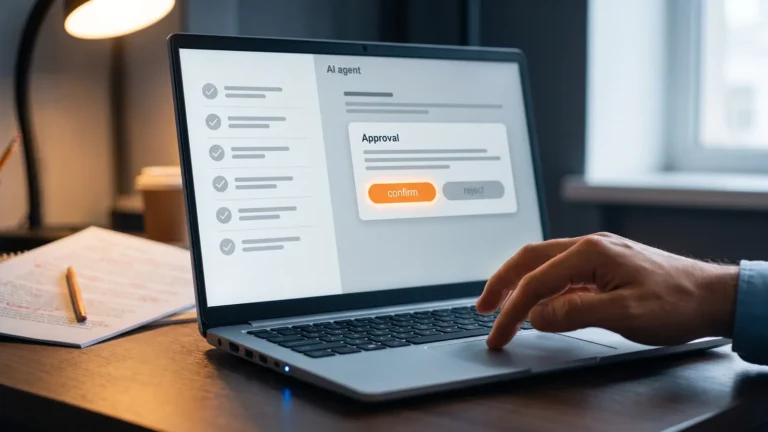 Human in the loop - laptop z agentem AI wstrzymanym na panelu zatwierdzenia, dłoń na gładziku tuż przed kliknięciem