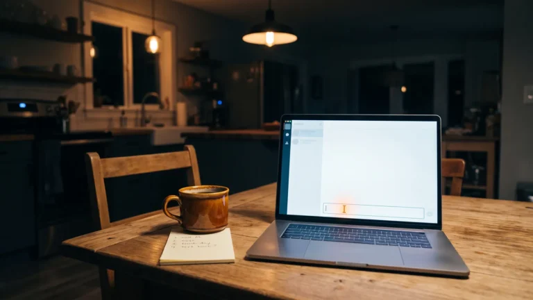 Jak korzystać z ChatGPT - laptop z pustym oknem rozmowy na kuchennym stole, obok kubek i notatka