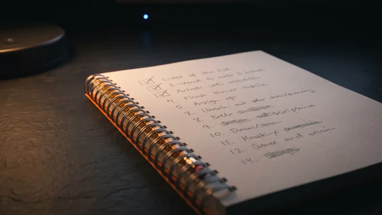 AI dla początkujących - notes ze spiralą i ręcznie spisaną listą kroków nauki, pierwsze punkty odhaczone