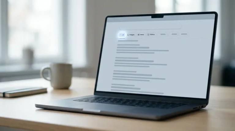 Tryb AI w Google - strona wyników na laptopie z podświetloną pierwszą zakładką w górnym rzędzie