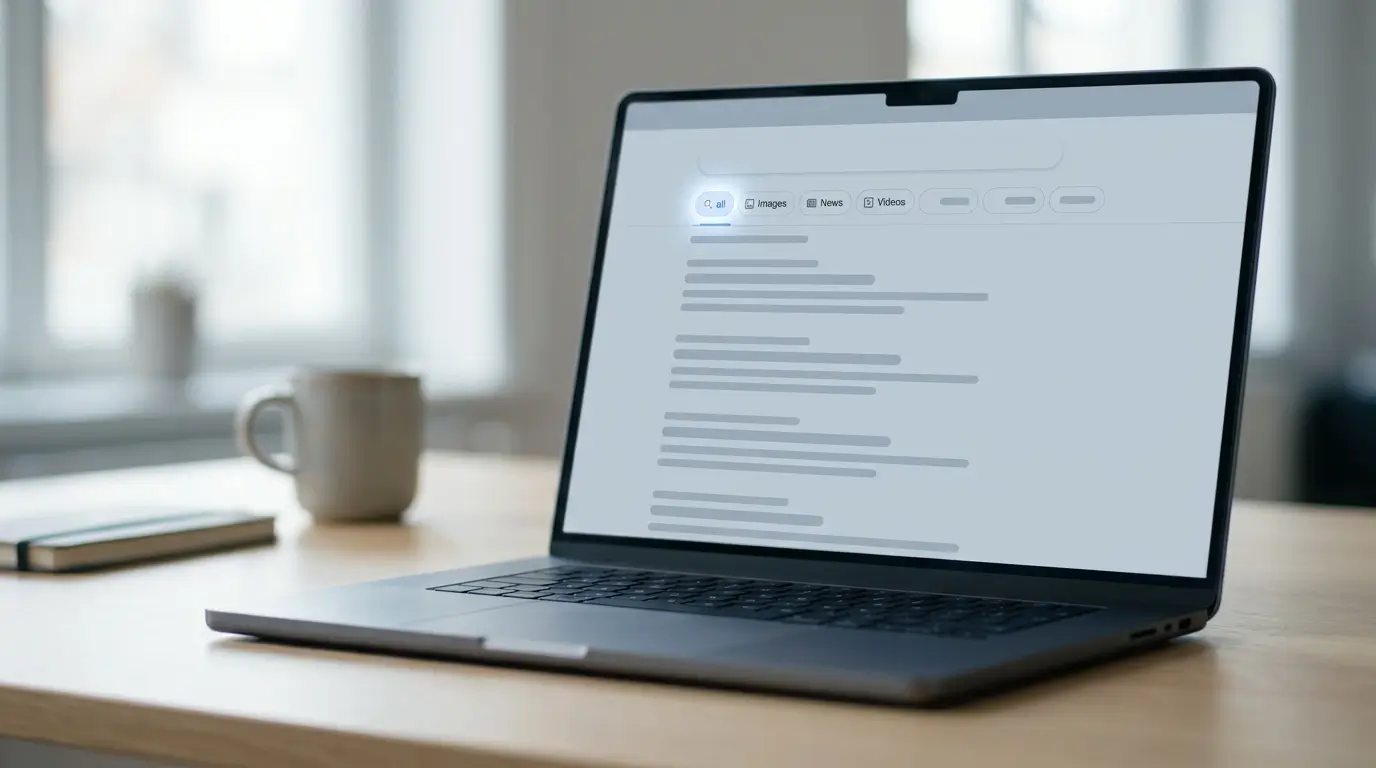 Tryb AI w Google - strona wyników na laptopie z podświetloną pierwszą zakładką w górnym rzędzie